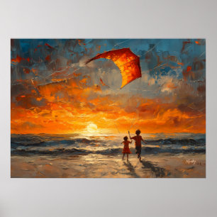 Kinderen die vlieger oplaten bij zonsondergang - L Poster