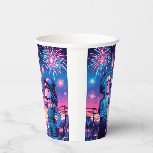 Kinderen die vuurwerk houden op 4 juli papieren bekers (Rechts)