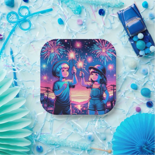 Kinderen die vuurwerk houden op 4 juli papieren bordje (Feest)