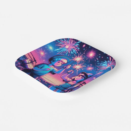 Kinderen die vuurwerk houden op 4 juli papieren bordje (Gebogen)