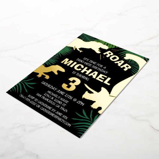 Kinderen Dino Goud Trex Jongen Dinosaur Verjaardag Folie Uitnodiging (Gedraaid)