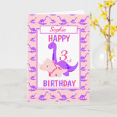 Kinderen Dinosaur 3e verjaardag Roze Kaart (Gele Bloem)