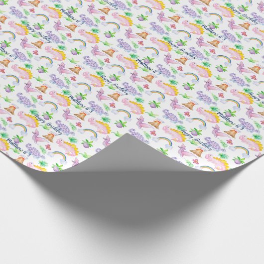 Kinderen Dinosaur Rainbow Waterverf Oerwoud Birthd Cadeaupapier (Hoek)