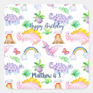 Kinderen Dinosaur Rainbow Waterverf Oerwoud Birthd Vierkante Sticker