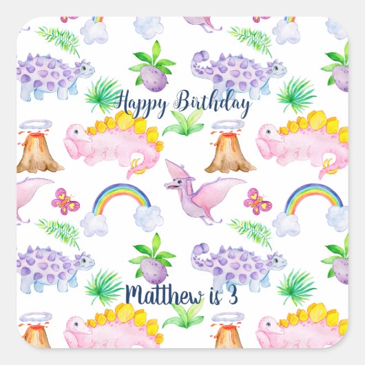 Kinderen Dinosaur Rainbow Waterverf Oerwoud Birthd Vierkante Sticker (Voorkant)