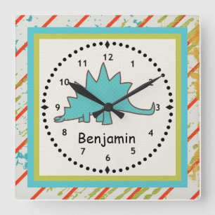 Kinderen Dinosaur Wall Clock Blue Stegosaurus Vierkante Klok
