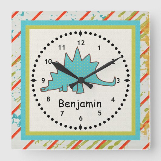 Kinderen Dinosaur Wall Clock Blue Stegosaurus Vierkante Klok (Voorkant)