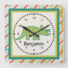 Kinderen Dinosaur Wall Clock Green Tricerotops Vierkante Klok