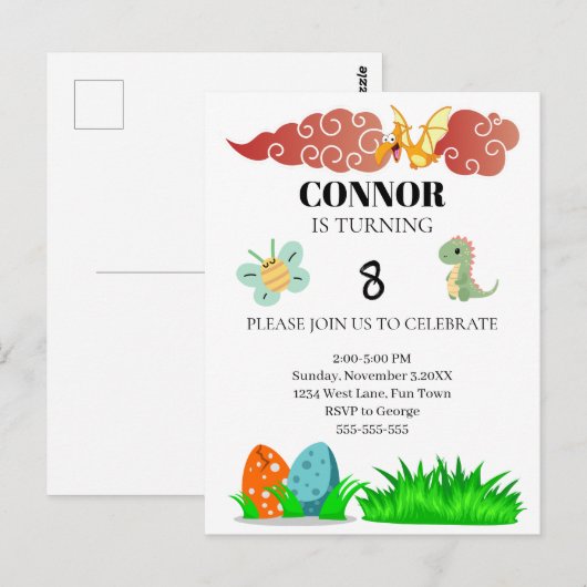 Kinderen Dinosaurus Thema Verjaardag Briefkaart (Voorkant / Achterkant)