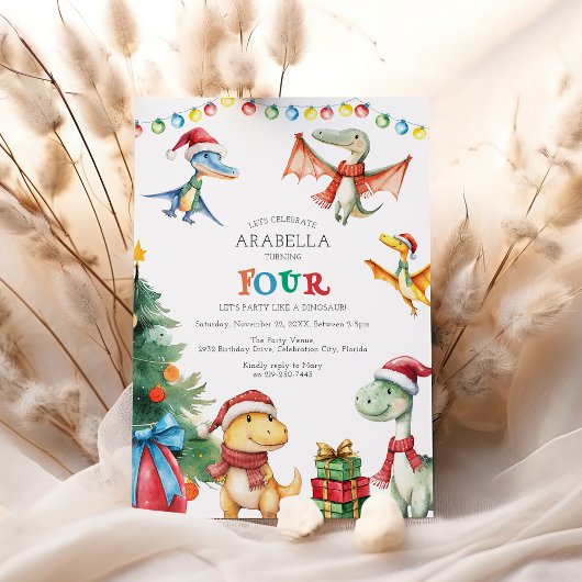 Kinderen Dinosaurus Vierde Verjaardagsfeest Uitnod Kaart
