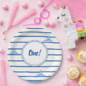Kinderen Eerste Verjaardag Blauwe Strepen Zeilboot Papieren Bordje (Feest)