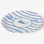 Kinderen Eerste Verjaardag Blauwe Strepen Zeilboot Papieren Bordje (Gekanteld)