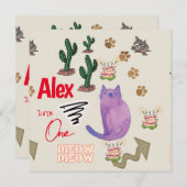 Kinderen Eerste Verjaardag Uitnodiging Kat Vissen  (Voorkant / Achterkant)