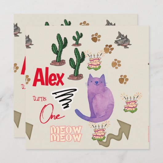 Kinderen Eerste Verjaardag Uitnodiging Kat Vissen  (Voorkant / Achterkant)