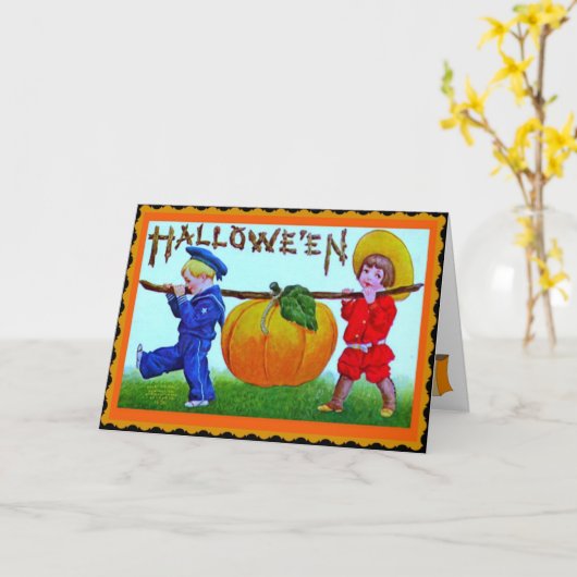 Kinderen en Grote Pompoen Halloween Kaart (Gele Bloem)