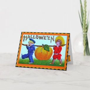 Kinderen en grote pompoen vintage Halloween kaart