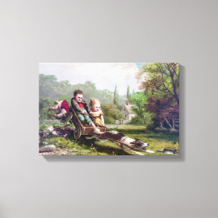 Kinderen en Hond Chasing a Rabbit  Painting Canvas Afdruk