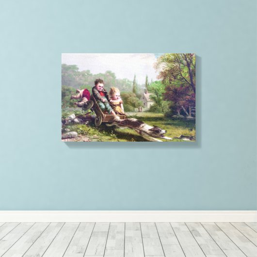 Kinderen en Hond Chasing a Rabbit Painting Canvas Afdruk (Insitu (Houten vloer))