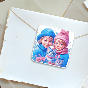 Kinderen en Kittens Kerstmis Vierkante Sticker