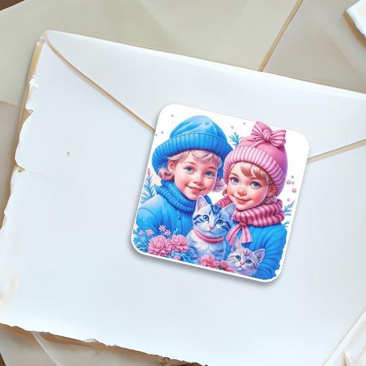  Kinderen en Kittens Kerstmis Vierkante Sticker