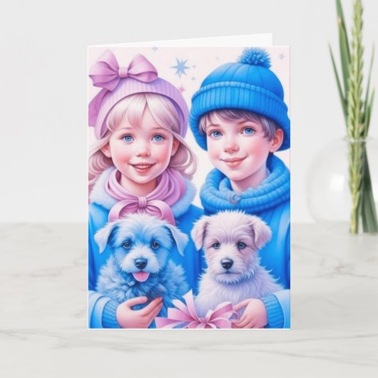  Kinderen en Puppies Kerstmis Kaart (Voorkant)