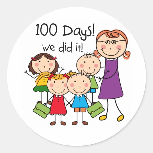 Kinderen en Vrouw leraar 100 dagen Ronde Sticker (Voorkant)