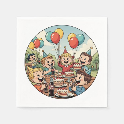 Kinderen genieten van hun taarten, frisdranken en  servet (Voorkant)