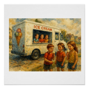 Kinderen genieten van ijscomautootje, perfect poster