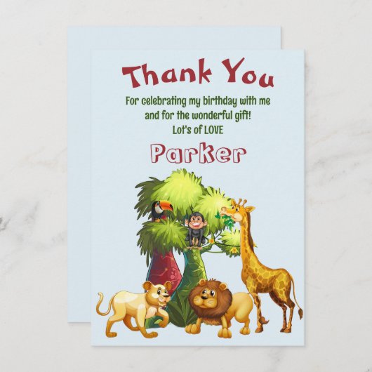 Kinderen Gepersonaliseerd Oerwoud Birthday Harteli Bedankkaart (Voorkant / Achterkant)