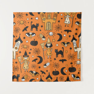 Kinderen Halloween achtergrond. Naadloos vintage p Wandkleed