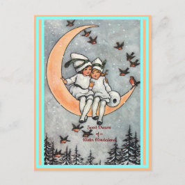 kinderen, halve maan, wintersneeuwvogels briefkaart