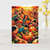 Kinderen hebben plezier bij de pompoen patch Hallo Kaart (Gele Bloem)