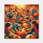 Kinderen hebben plezier bij de pompoen patch Hallo Magneet (Voorkant)