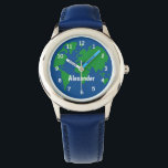 Kinderen horloge met Planet Earth en aangepaste na<br><div class="desc">Kinderen horloge met Planet Earth kaart en aangepaste naam. Gepersonaliseerde polshorloge voor kleine kinderen. Voeg uw eigen naam, monogram of citaat toe. Geschikt voor jongen of meisje. Ook leuk als kerstvakantie cadeau voor kinderen; zoon, kleinzoon, dochter, kleindochter, nicht, neef, kleinkind, vriend, stiefdochter etc. Sla de planeet aarde horloge met aangepaste...</div>