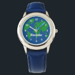 Kinderen horloge met Planet Earth en aangepaste na<br><div class="desc">Kinderen horloge met Planet Earth kaart en aangepaste naam. Gepersonaliseerde polshorloge voor kleine kinderen. Voeg uw eigen naam, monogram of citaat toe. Geschikt voor jongen of meisje. Ook leuk als kerstvakantie cadeau voor kinderen; zoon, kleinzoon, dochter, kleindochter, nicht, neef, kleinkind, vriend, stiefdochter etc. Sla de planeet aarde horloge met aangepaste...</div>