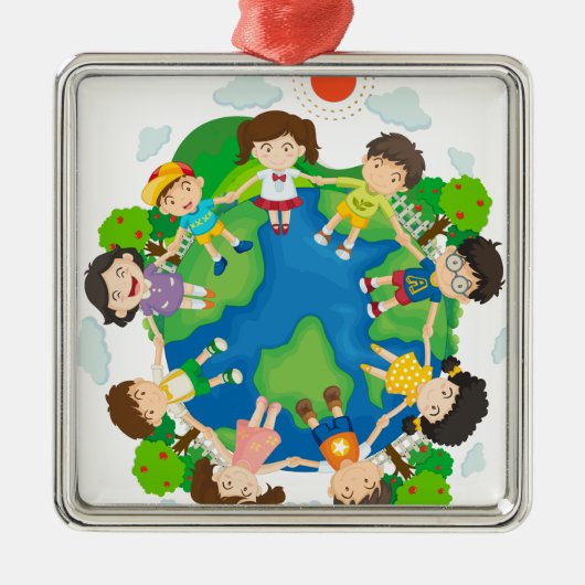 Kinderen houden handen rond de aarde vast metalen ornament (Voorkant)