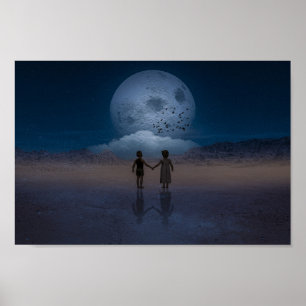 Kinderen houden handen vast op de maan poster