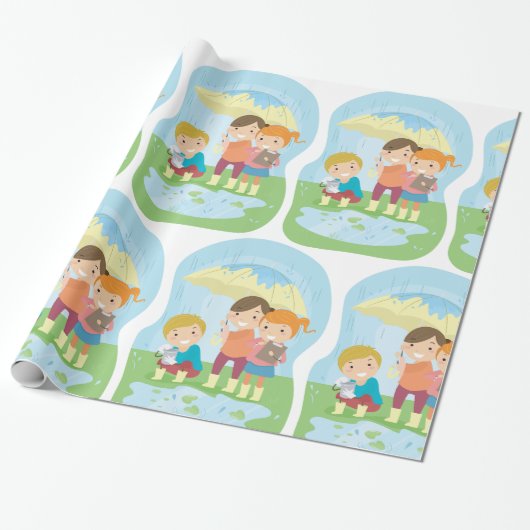 Kinderen in de regen cadeaupapier (Uitgerold)