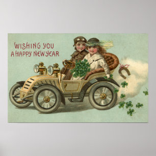 Kinderen in een auto met shamrocks poster