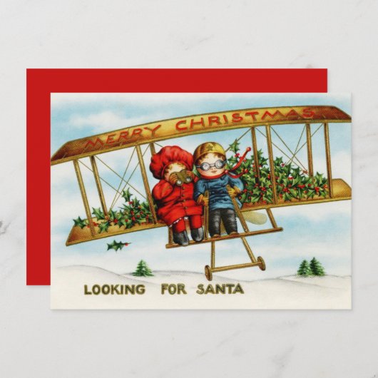  kinderen in een vliegtuig dat op zoek is naar de  feestdagenkaart (Voorkant / Achterkant)