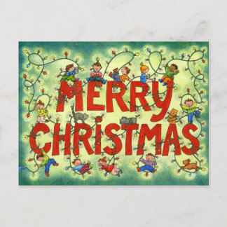 Kinderen in kerstverlichting - Christmas Post Kaar Feestdagenkaart