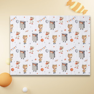 Kinderen in kostuums, beren, eenden en rekenmachin tissuepapier