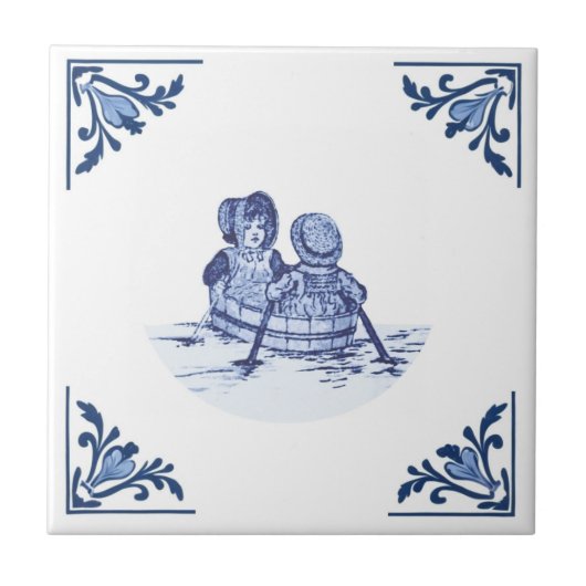  kinderen in Roeiboot Delfts Blauw & Wit Tegeltje (Voorkant)