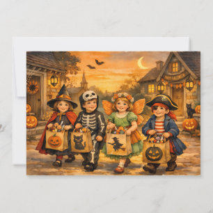 Kinderen in vintage Halloween-kostuums Feestdagenkaart