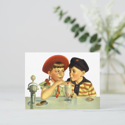  kinderen, jongens en meisjes die een schaar delen briefkaart (Staand voorkant)