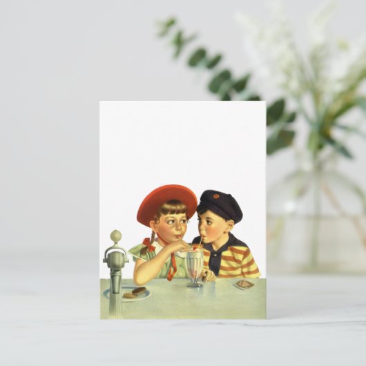  kinderen, jongens en meisjes die een schaar delen briefkaart (Staand voorkant)