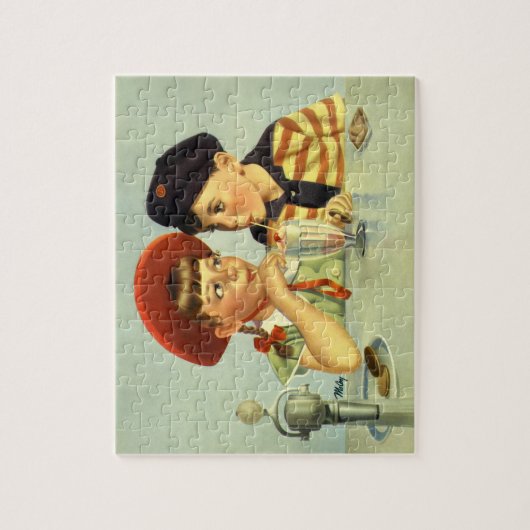 kinderen, jongens en meisjes die een schaar delen legpuzzel (Verticaal)