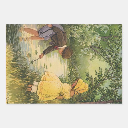  kinderen, jongens en meisjes die op Creek spelen Inpakpapier Vel (Voorkant 3)