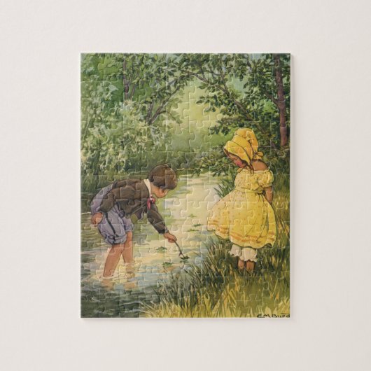  kinderen, jongens en meisjes die op Creek spelen Legpuzzel (Verticaal)