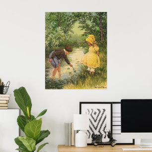 kinderen, jongens en meisjes die op Creek spelen Poster